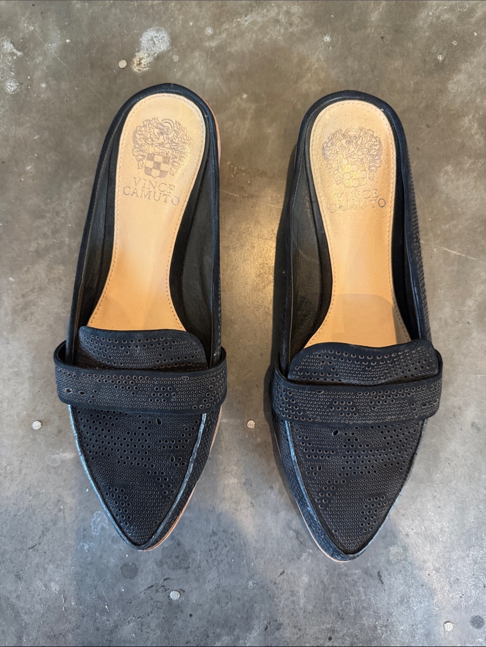 Vince Camuto Black Pointed Toe Perforated Slip-On Mules